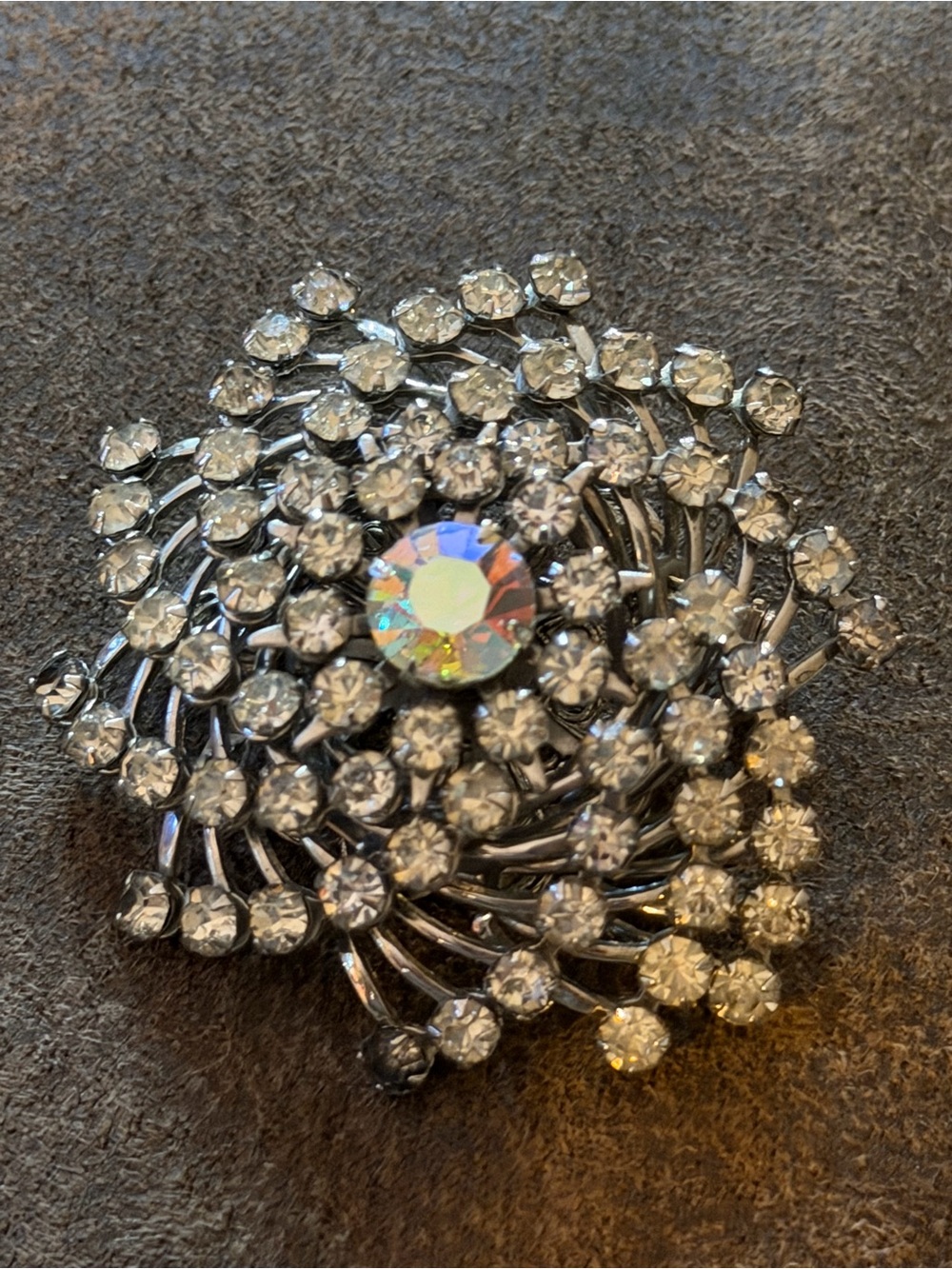 Rhinestone Floral Spiral Brooch - Clear Crystal Silver-Tone